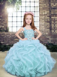 Straps Sleeveless Little Girls Pageant Dress Wholesale Floor Length Beading and Ruffles Light Blue Tulle