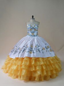 Charming Yellow And White Lace Up Vestidos de Quinceanera Embroidery and Ruffled Layers Sleeveless Floor Length