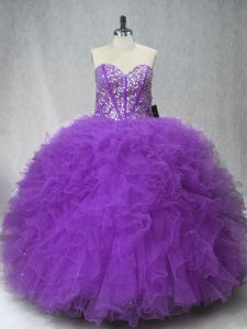 Pretty Beading and Ruffles Sweet 16 Quinceanera Dress Purple Lace Up Sleeveless Floor Length