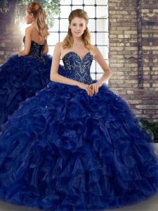 Dramatic Royal Blue Ball Gowns Organza Sweetheart Sleeveless Beading and Ruffles Floor Length Lace Up Quinceanera Gown