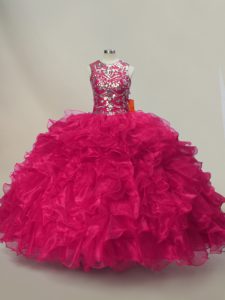 High Quality Hot Pink Lace Up Quinceanera Gown Ruffles and Sequins Sleeveless Floor Length