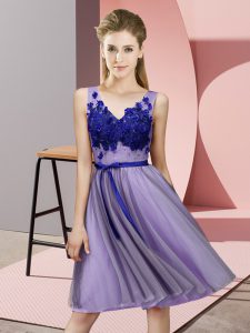 Gorgeous Knee Length Lavender Court Dresses for Sweet 16 V-neck Sleeveless Lace Up