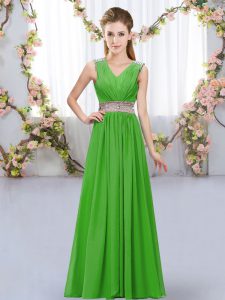 Edgy Green Chiffon Lace Up V-neck Sleeveless Floor Length Dama Dress Beading and Belt