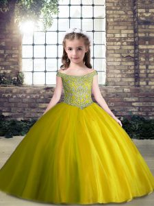 Fine Olive Green Sleeveless Tulle Lace Up Pageant Gowns For Girls for Party and Wedding Party