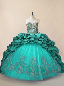 Lace Up 15 Quinceanera Dress Turquoise for Sweet 16 and Quinceanera with Beading and Pick Ups Brush Train