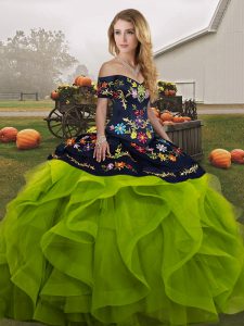 Perfect Embroidery and Ruffles 15th Birthday Dress Yellow Green Lace Up Sleeveless Floor Length