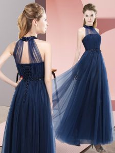 Navy Blue Sleeveless Beading and Appliques Floor Length Court Dresses for Sweet 16