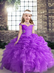 Purple Straps Neckline Beading and Ruffles and Pick Ups Pageant Gowns Sleeveless Lace Up