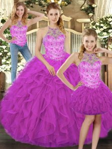 Amazing Halter Top Sleeveless Tulle 15 Quinceanera Dress Beading and Ruffles Lace Up