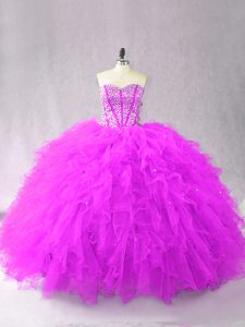Sweetheart Sleeveless Quinceanera Gown Floor Length Beading and Ruffles Purple Tulle