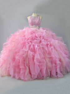 Dynamic Pink Lace Up 15 Quinceanera Dress Beading and Ruffles Sleeveless Floor Length