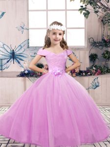 Cheap Lilac Sleeveless Floor Length Lace and Belt Lace Up Girls Pageant Dresses