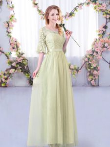 Glorious Yellow Green Tulle Side Zipper Dama Dress for Quinceanera Half Sleeves Floor Length Lace and Belt