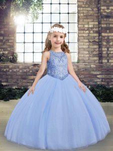 Light Blue Ball Gowns Beading Kids Formal Wear Lace Up Tulle Sleeveless Floor Length