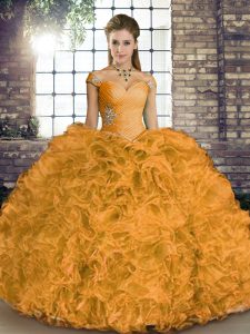 Nice Ball Gowns Sweet 16 Dresses Orange Off The Shoulder Organza Sleeveless Floor Length Lace Up