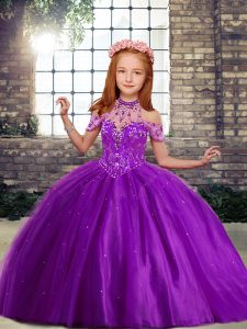 Fashion Purple Ball Gowns Beading Pageant Dress for Girls Lace Up Tulle Sleeveless Floor Length
