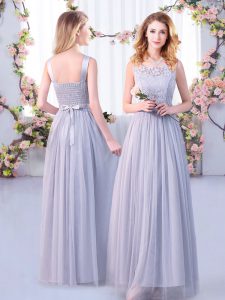 Simple Sleeveless Floor Length Lace and Belt Side Zipper Dama Dress for Quinceanera with Grey