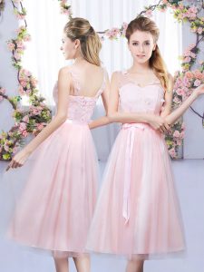 Baby Pink Empire Lace and Belt Dama Dress Lace Up Tulle Sleeveless Tea Length