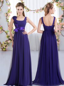 Custom Fit Purple Sleeveless Floor Length Belt and Hand Made Flower Zipper Damas Dress