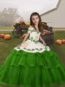 Green Ball Gowns Embroidery and Ruffled Layers Pageant Dress for Teens Lace Up Tulle Sleeveless Floor Length