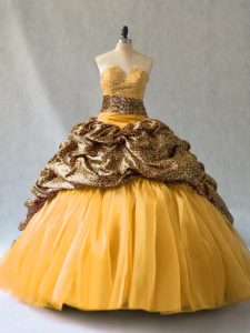 Gold V-neck Neckline Beading and Pick Ups Ball Gown Prom Dress Sleeveless Lace Up