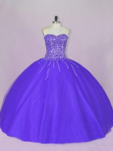 Decent Blue and Purple Tulle Lace Up Ball Gown Prom Dress Sleeveless Floor Length Beading