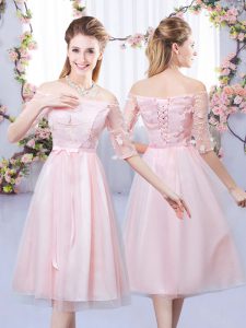 Suitable Tea Length Lace Up Quinceanera Dama Dress Baby Pink for Wedding Party with Lace and Belt