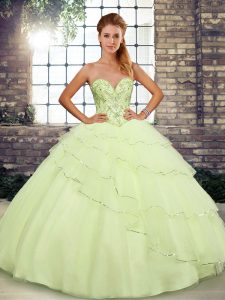Cute Sleeveless Brush Train Beading and Ruffled Layers Lace Up Quinceanera Gowns