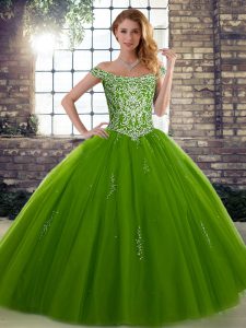 Noble Off The Shoulder Sleeveless Tulle Quince Ball Gowns Beading Lace Up
