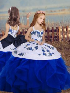 Straps Sleeveless Lace Up Embroidery and Ruffles Kids Pageant Dress in Royal Blue