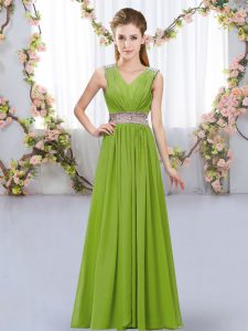 Trendy Beading and Belt Vestidos de Damas Olive Green Lace Up Sleeveless Floor Length