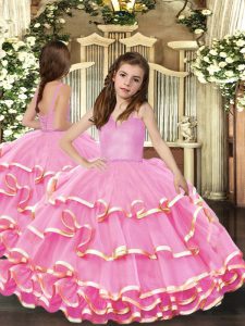 Nice Floor Length Ball Gowns Sleeveless Pink Little Girl Pageant Dress Lace Up