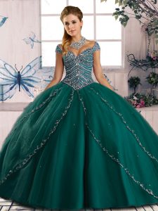 High Quality Sweetheart Cap Sleeves Quince Ball Gowns Brush Train Beading Green Tulle