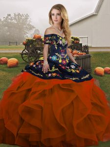 Rust Red Off The Shoulder Lace Up Embroidery and Ruffles Ball Gown Prom Dress Sleeveless