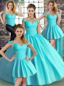 Floor Length Aqua Blue Sweet 16 Dress Off The Shoulder Sleeveless Lace Up
