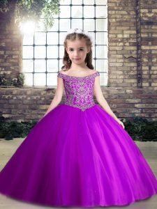 Vintage Floor Length Purple Kids Pageant Dress Tulle Sleeveless Beading