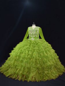 Fabulous Olive Green Long Sleeves Floor Length Ruffled Layers Lace Up Ball Gown Prom Dress