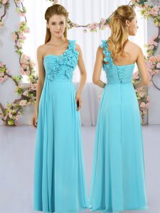 Aqua Blue Empire One Shoulder Sleeveless Chiffon Floor Length Lace Up Hand Made Flower Court Dresses for Sweet 16
