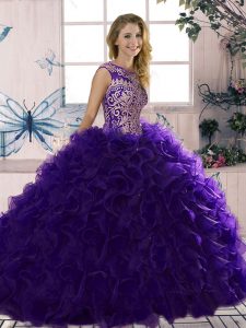 Nice Purple Ball Gowns Scoop Sleeveless Organza Floor Length Lace Up Beading and Ruffles 15 Quinceanera Dress
