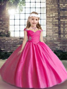 Custom Made Hot Pink Tulle Lace Up Straps Sleeveless Floor Length Kids Formal Wear Beading