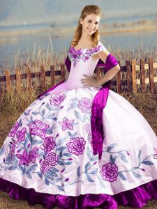 Purple Ball Gowns Off The Shoulder Sleeveless Satin and Organza Floor Length Lace Up Embroidery Ball Gown Prom Dress