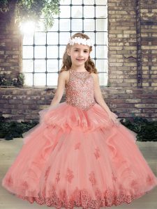 Eye-catching Scoop Sleeveless Tulle Kids Formal Wear Beading and Appliques Lace Up