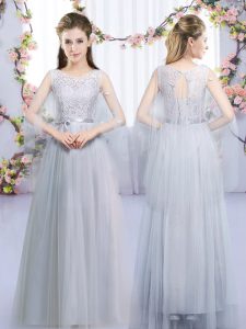Exquisite Grey Sleeveless Lace and Belt Floor Length Quinceanera Court of Honor Dress