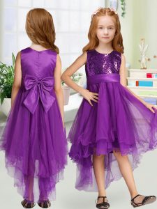 High Low Purple Kids Pageant Dress Organza Sleeveless Sequins and Bowknot