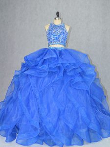 Customized Blue Sweet 16 Dresses Sweet 16 and Quinceanera with Beading and Ruffles Halter Top Sleeveless Court Train Backless
