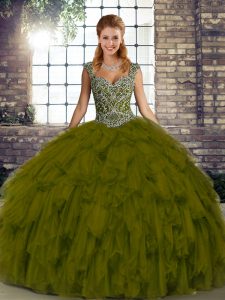 Elegant Floor Length Olive Green Sweet 16 Dresses Organza Sleeveless Beading and Ruffles