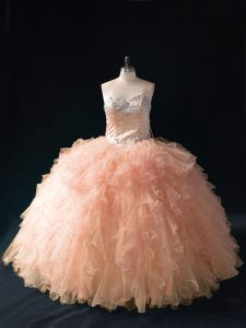 Beading and Ruffles Sweet 16 Dress Peach Lace Up Sleeveless Floor Length