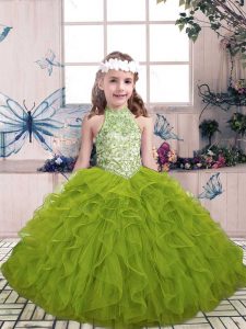 Low Price Olive Green Sleeveless Floor Length Beading and Ruffles Lace Up Girls Pageant Dresses