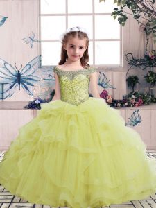Amazing Yellow Ball Gowns Tulle Scoop Sleeveless Beading Floor Length Lace Up Evening Gowns