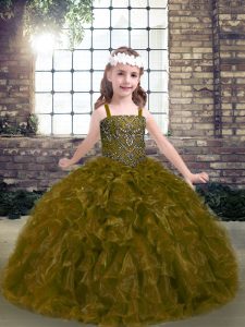 Pretty Olive Green Organza Lace Up Straps Sleeveless Floor Length Pageant Dress for Womens Beading and Ruffles